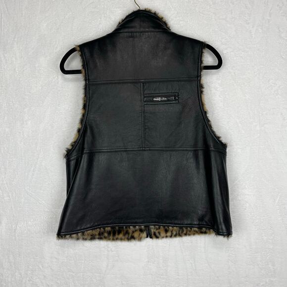 Jamie Sadock Black Leather and Leopard Faux Fur Reversible Zip up Vest Medium - Picture 2 of 16